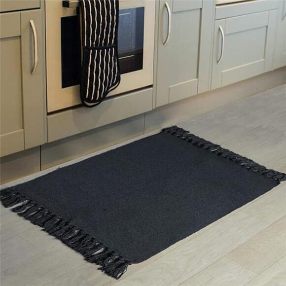 Black Kitchen Rug, Cotton Hand Woven Recycled Throw Rug Runner - Picture 8 of 8